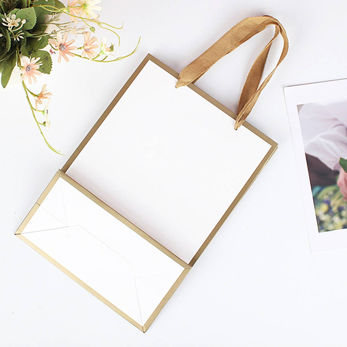 White with Gold Border Paper Gift Bag w/ free tissue: V2