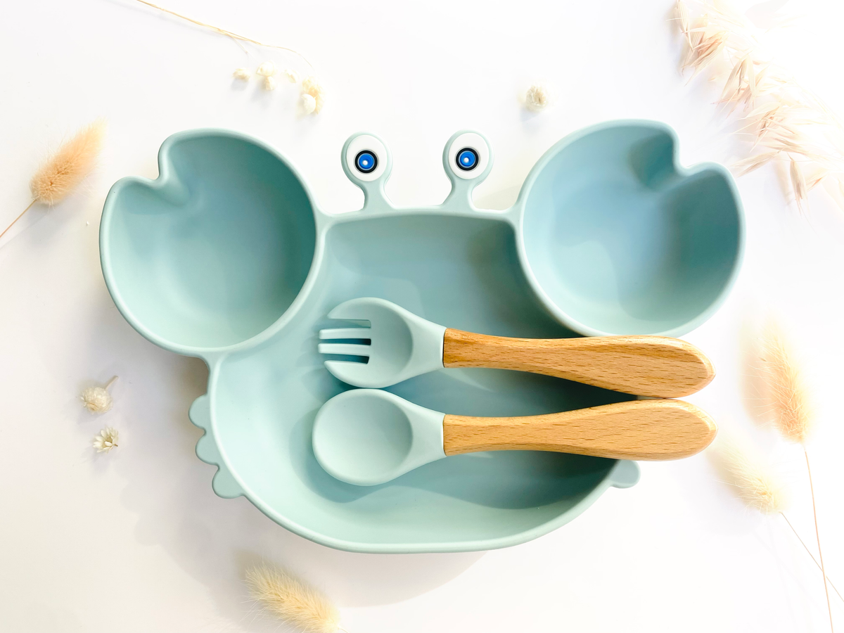 Crab-shaped meal set+cutlery for children: Pink