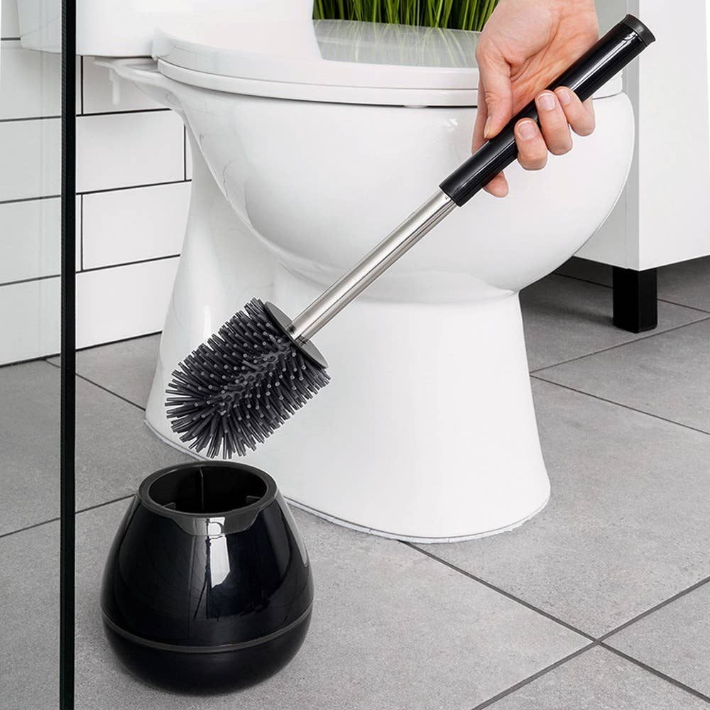 Toilet Brush Silicone with Stand and Tongs Black 42 cm