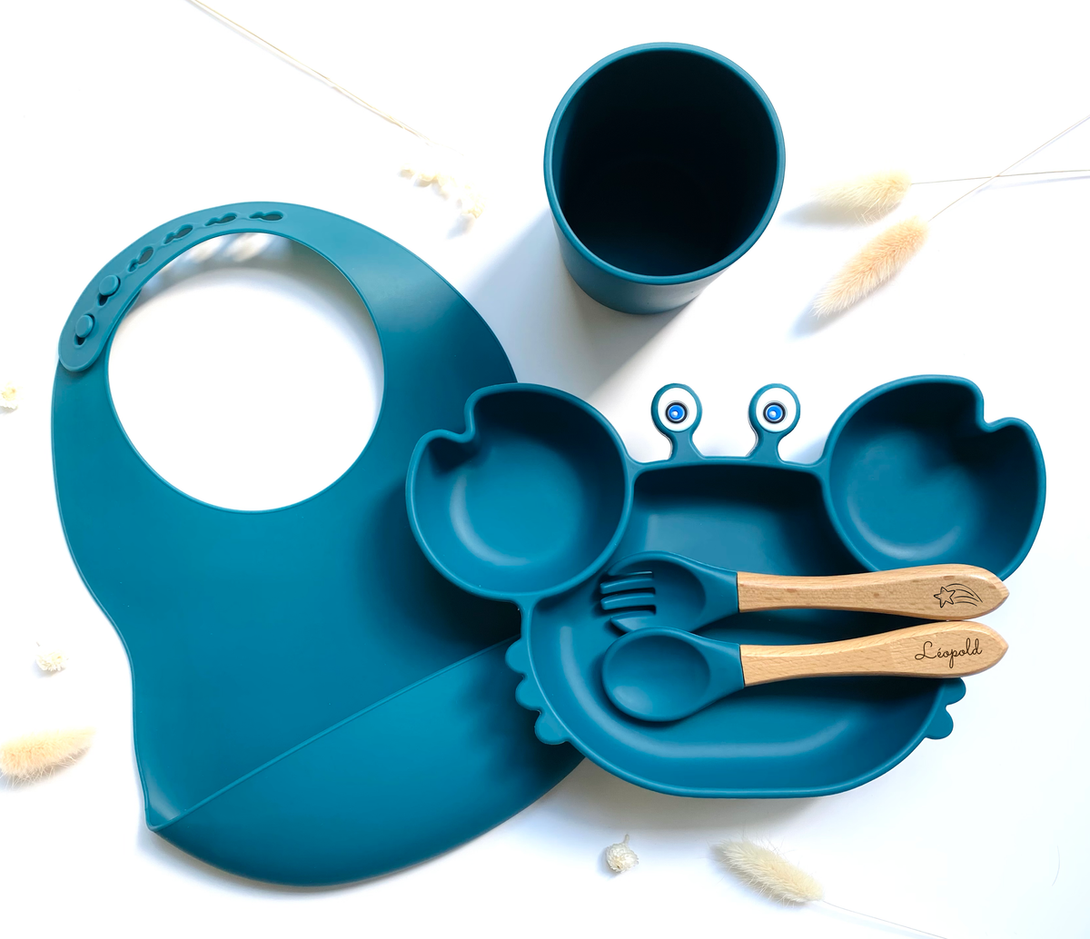 Children's meal pack+bib/glass: Khaki