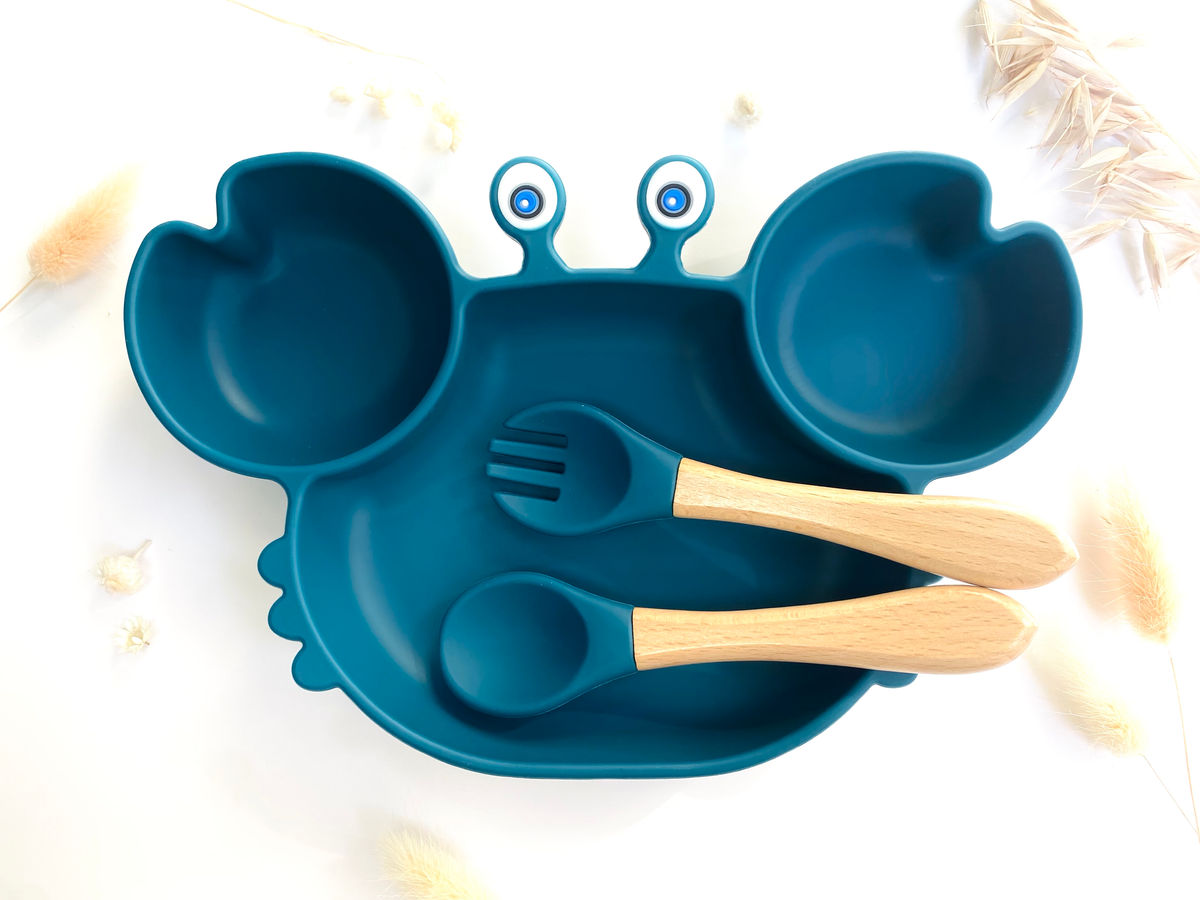 Crab-shaped meal set+cutlery for children: Navy Blue