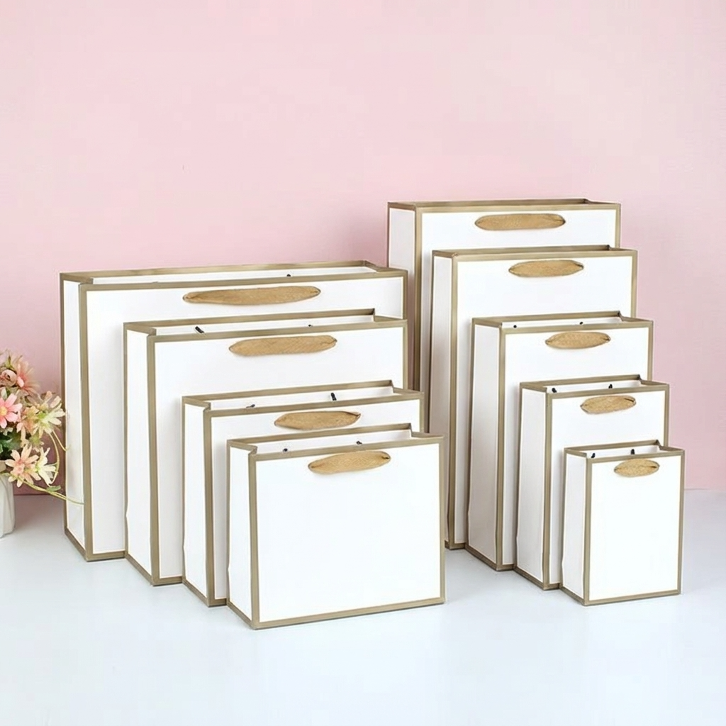 White with Gold Border Paper Gift Bag w/ free tissue: V2