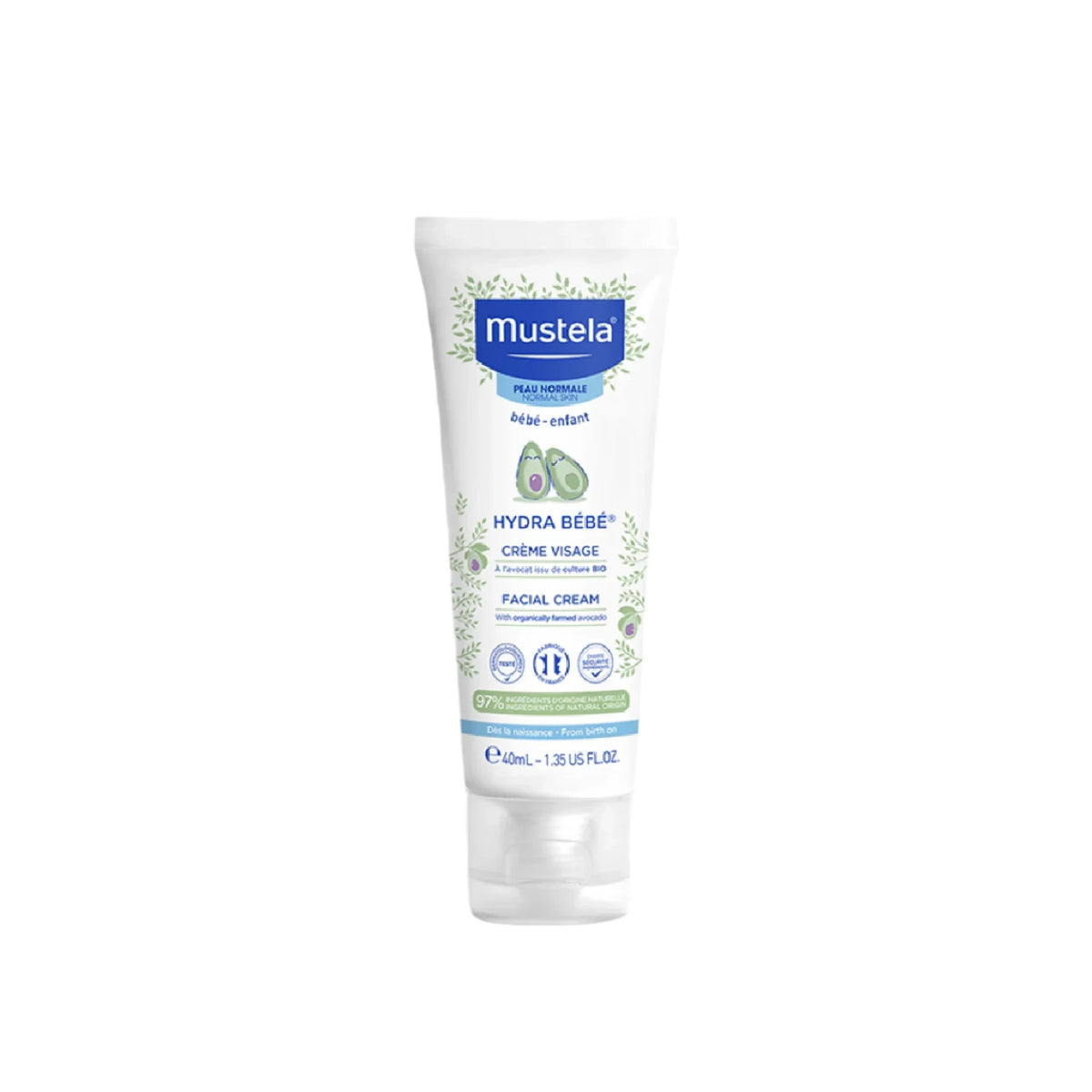 Mustela Hydra Bebe Facial Cream with Organic Avocado for nourishing baby skincare.