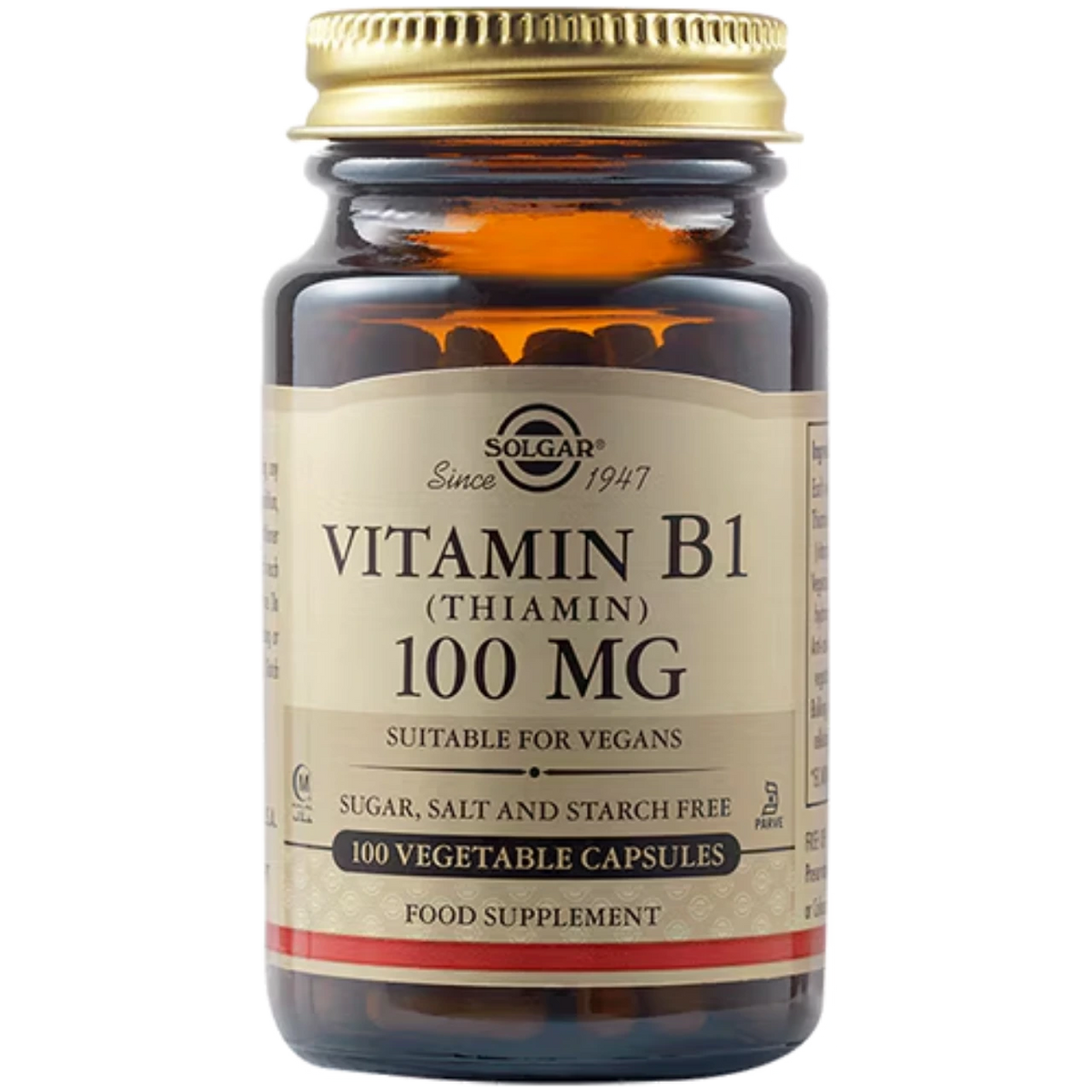 Solgar Vitamin B1 (Thiamin) 100 mg - Promotes energy metabolism and nervous system health.