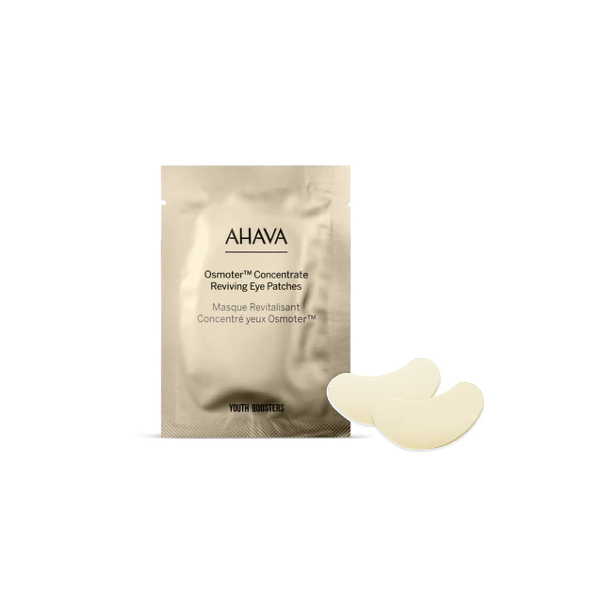Ahava Dead Sea Osmoter™ Eye Mask patches beside their elegant packaging, surrounded by Dead Sea minerals.