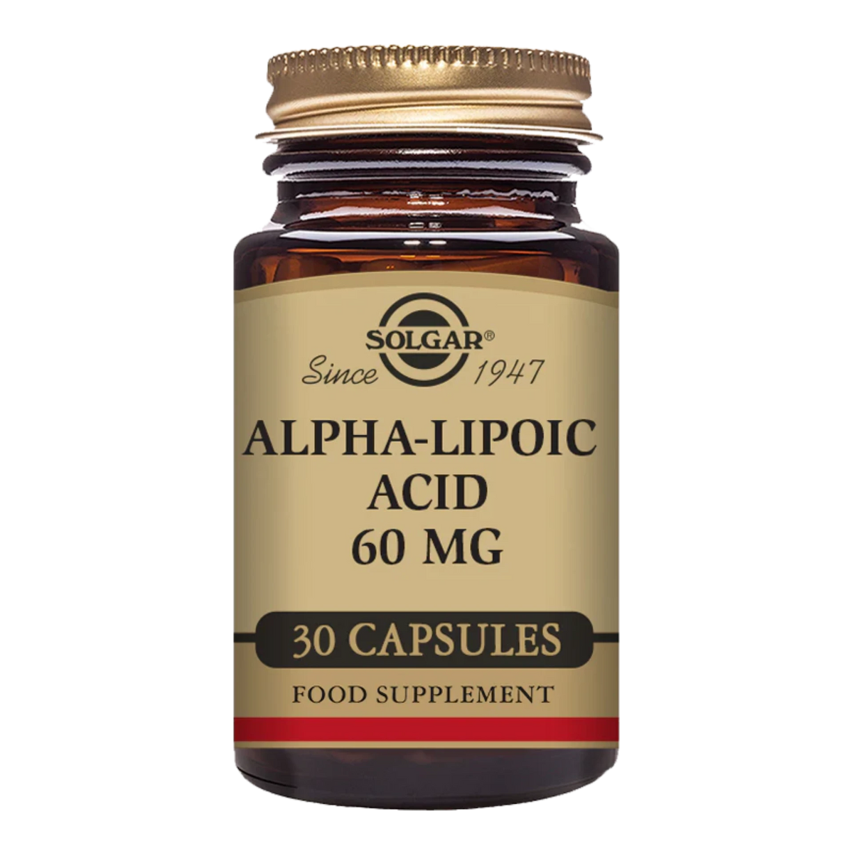 Bottle of Alpha-Lipoic Acid 60mg vegetable capsules for antioxidant support.