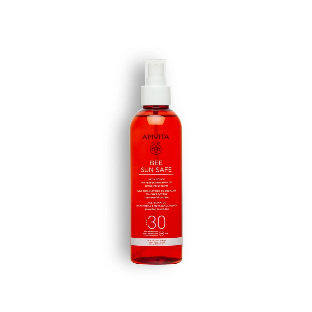 Apivita Satin Touch Tan Perfecting Body Oil SPF30 – nourishing, glow-enhancing sun protection.