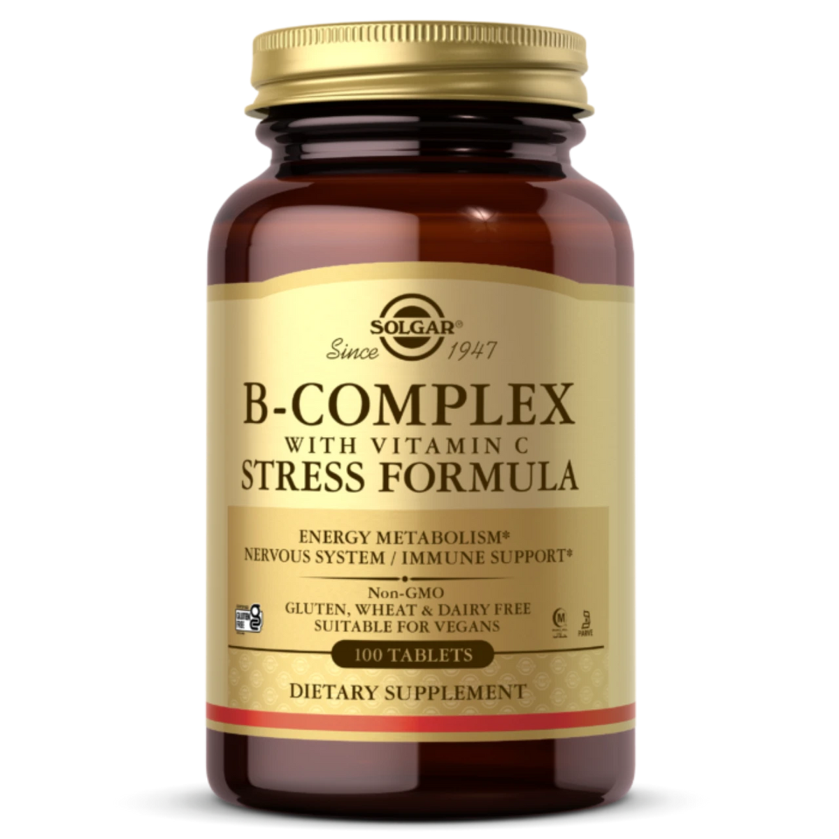Bottle of Solgar B-Complex with Vitamin C Stress Formula dietary supplement.