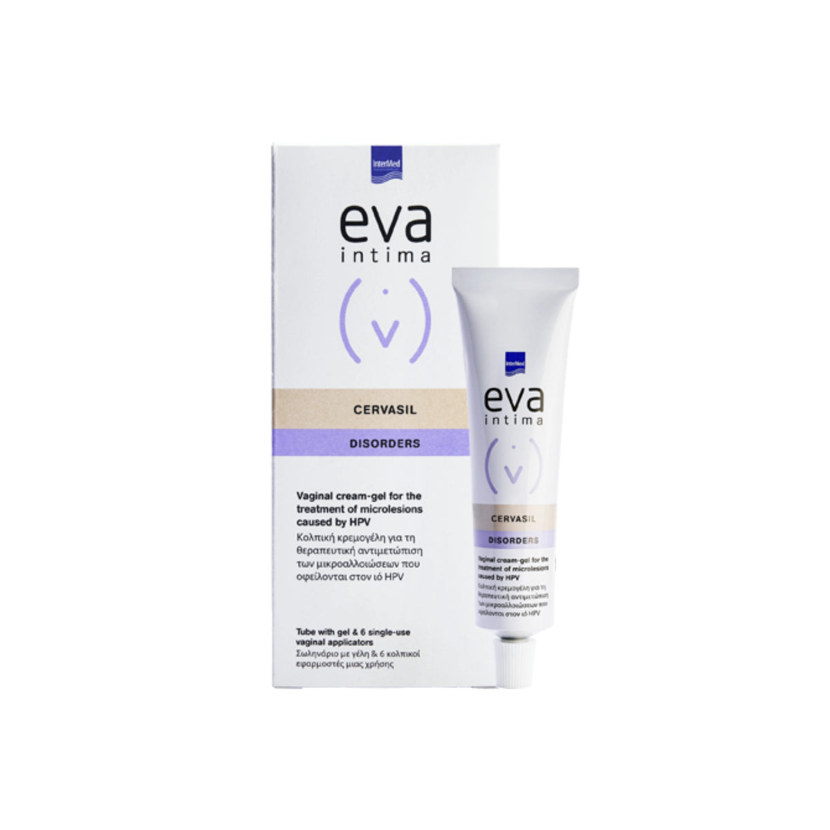 EVA Intima Cervasil Vaginal Cream-Gel tube and six applicators in packaging.