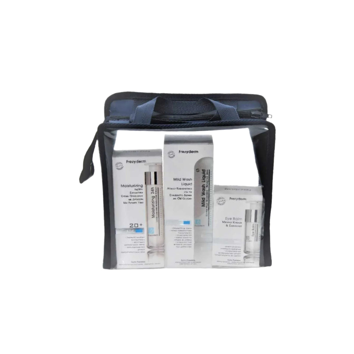 Frezyderm Anti-Ageing Pack 20+ with moisturizing cream, eye balm, and mild wash liquid.