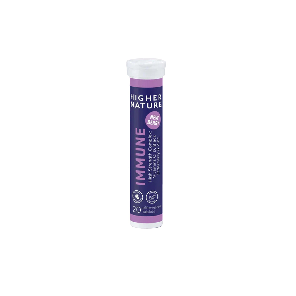 Higher Nature Immune Effervescent tablets with vitamins C, D, zinc, and elderberry for daily immune and energy support.