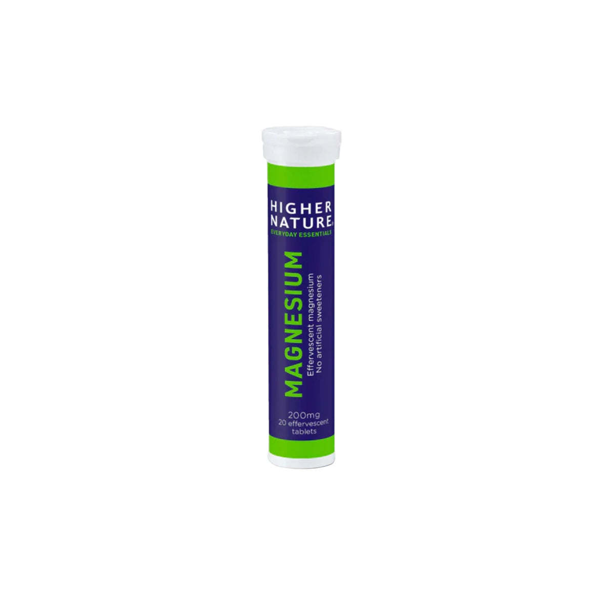 Higher Nature Magnesium Effervescent tablets in water for muscle function, relaxation, and fatigue reduction with 200mg magnesium.