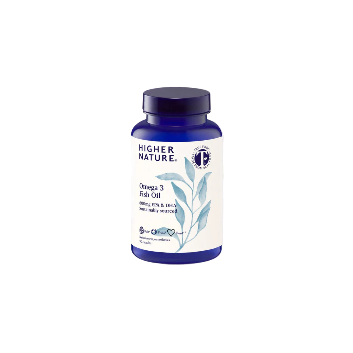 Higher Nature Omega 3 Fish Oil capsules for heart, brain, and eye health, providing 600mg EPA and DHA from sustainable fish sources.