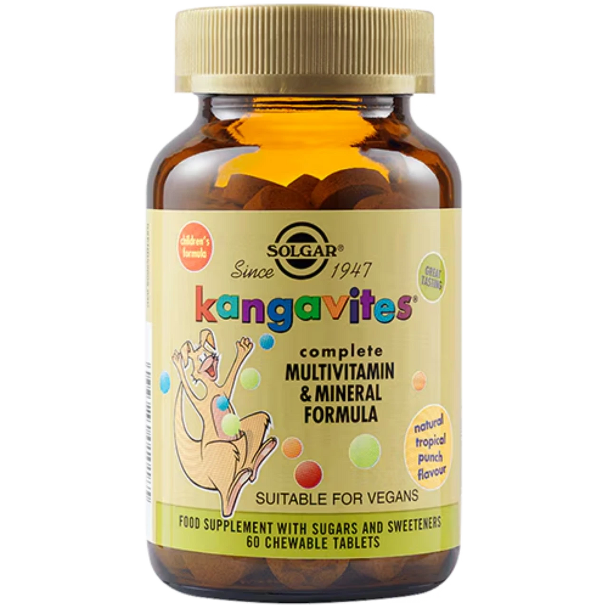 Solgar Kangavites Tropical Punch - Multivitamin and mineral formula for kids in a delicious tropical flavor.
