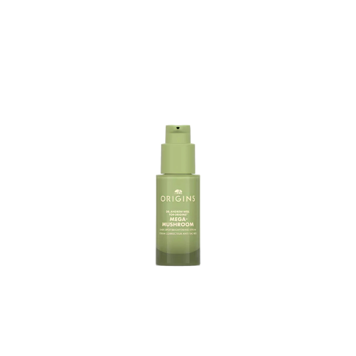 Origins Dr. Weil Mega-Mushroom Dark Spot Brightening Serum bottle with mushrooms and plant extracts for brightening and evening skin tone.