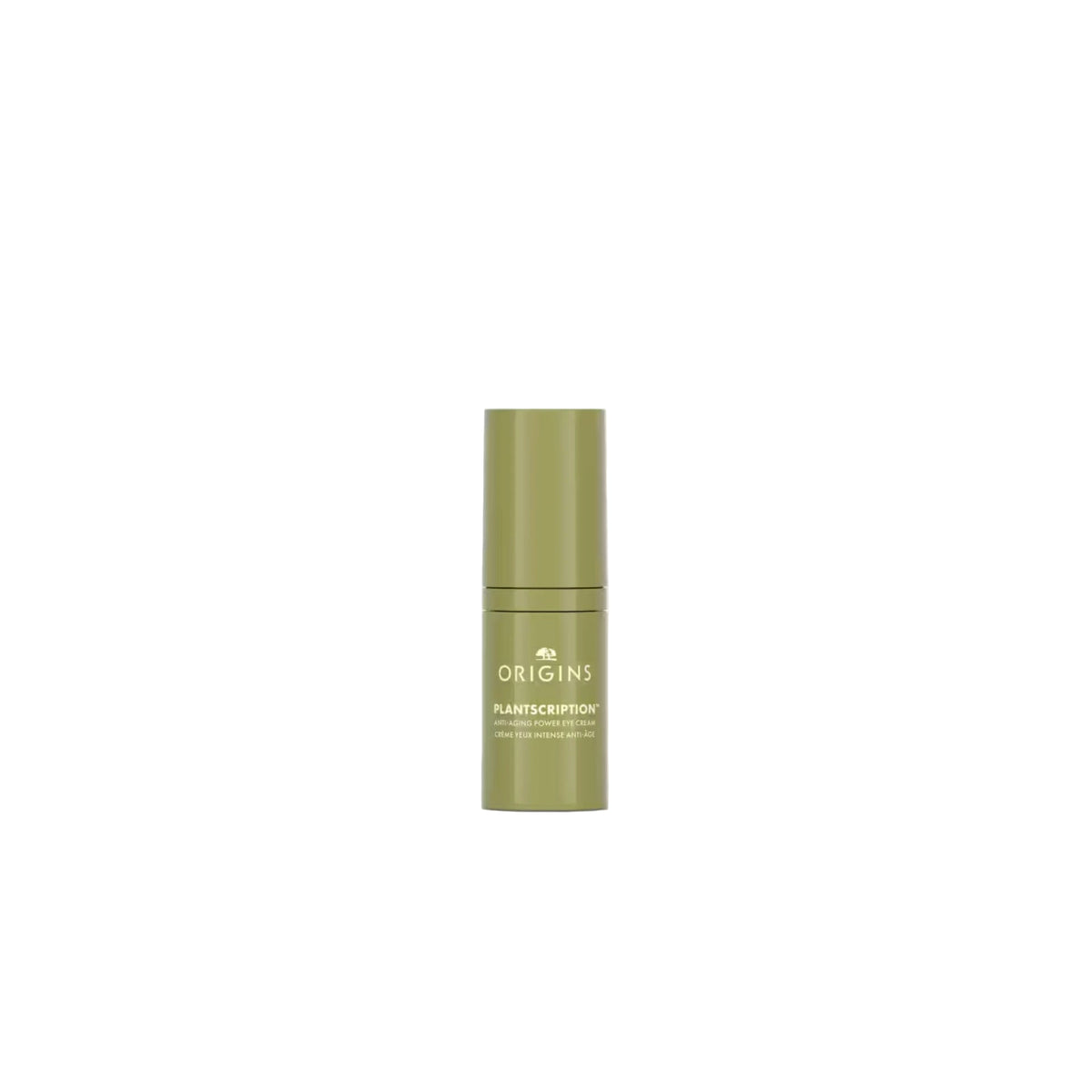 Origins Plantscription Anti-Aging Power Eye Cream in a small green eye cream jar.