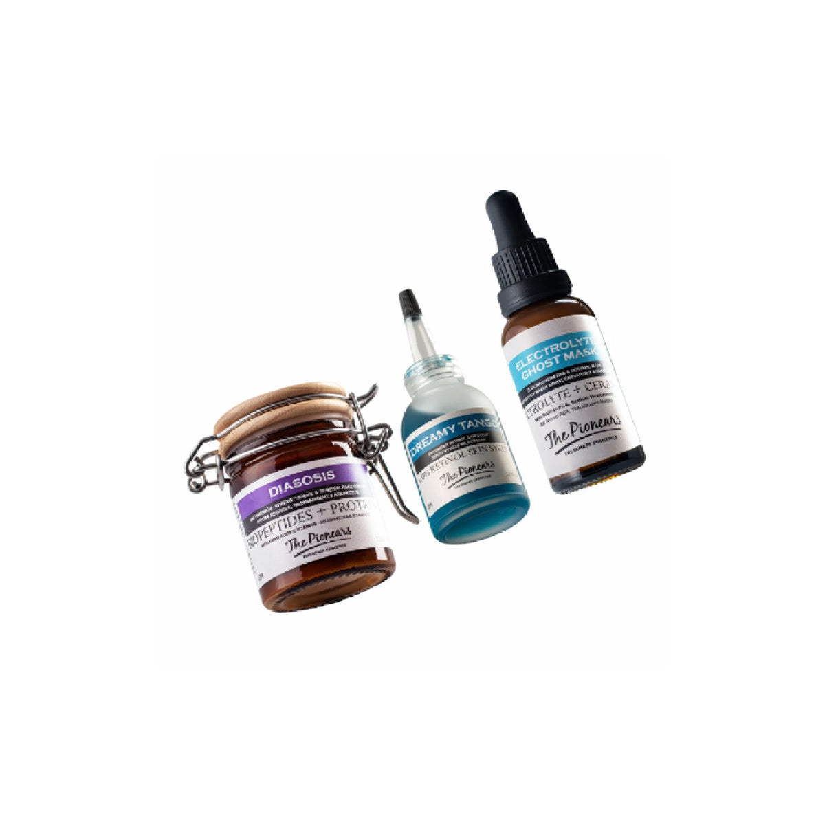 The Pionears Nighty Dose set – Diasosis cream, Dreamy Tango serum, and Electrolyte Ghost Mask for overnight hydration and firming.