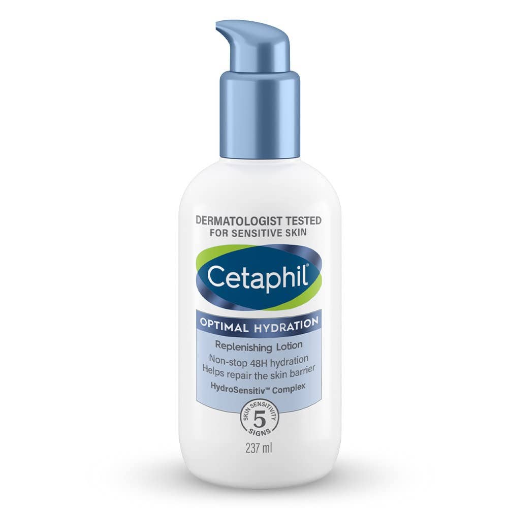 Cetaphil Optimal Hydration Replenishing Body Lotion, 237ml | Lightweight moisturizer & non-greasy | Hyaluronic Acid, Sunflower Oil, Blue Daisy extract | Dermatologist Recommended for Sensitive Skin