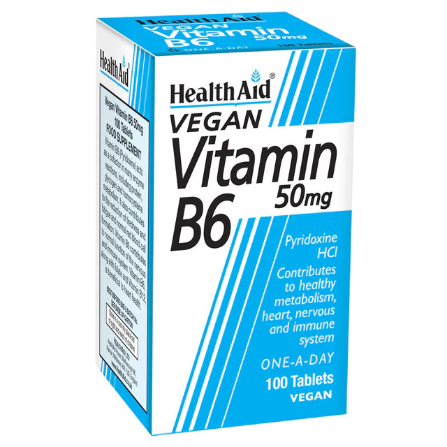 HealthAid Vitamin B6 (Pyridoxine HCl) 50mg Tablets - Supports energy metabolism and nervous system function.