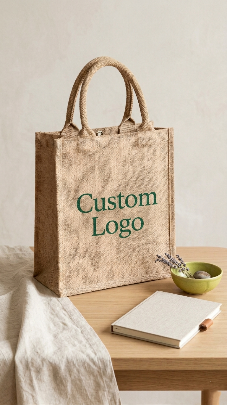 Customizable Quality Burlap Tote Bag - H 11" x W 9" x D 4"