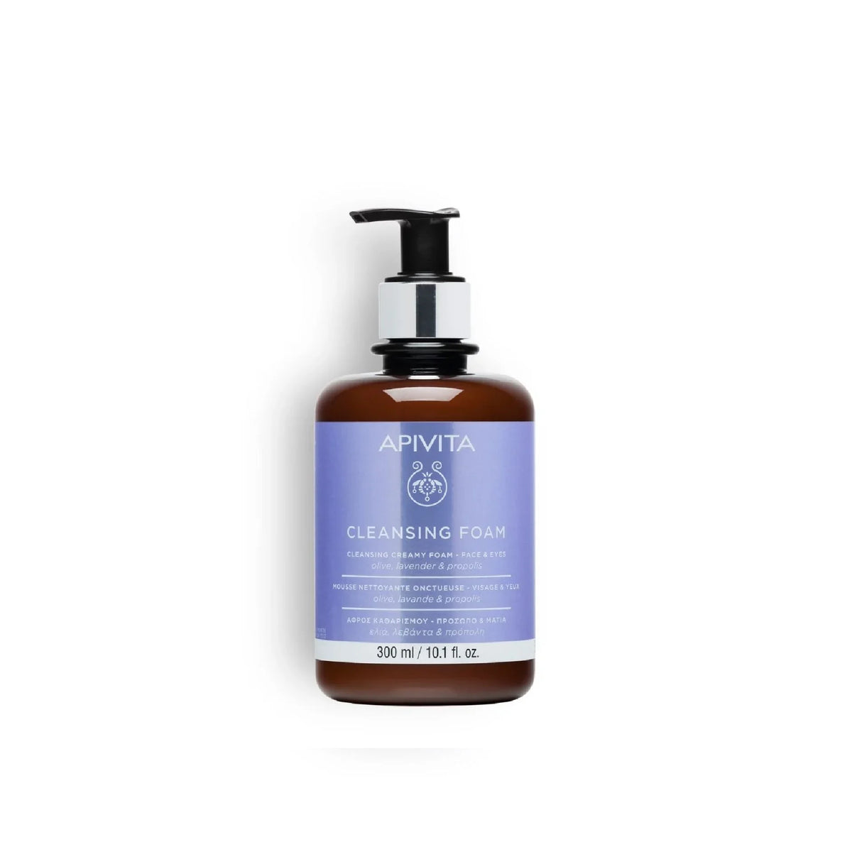 Apivita Cleansing Creamy Foam for Face & Eyes with olive and lavender extracts for gentle cleansing and hydration.