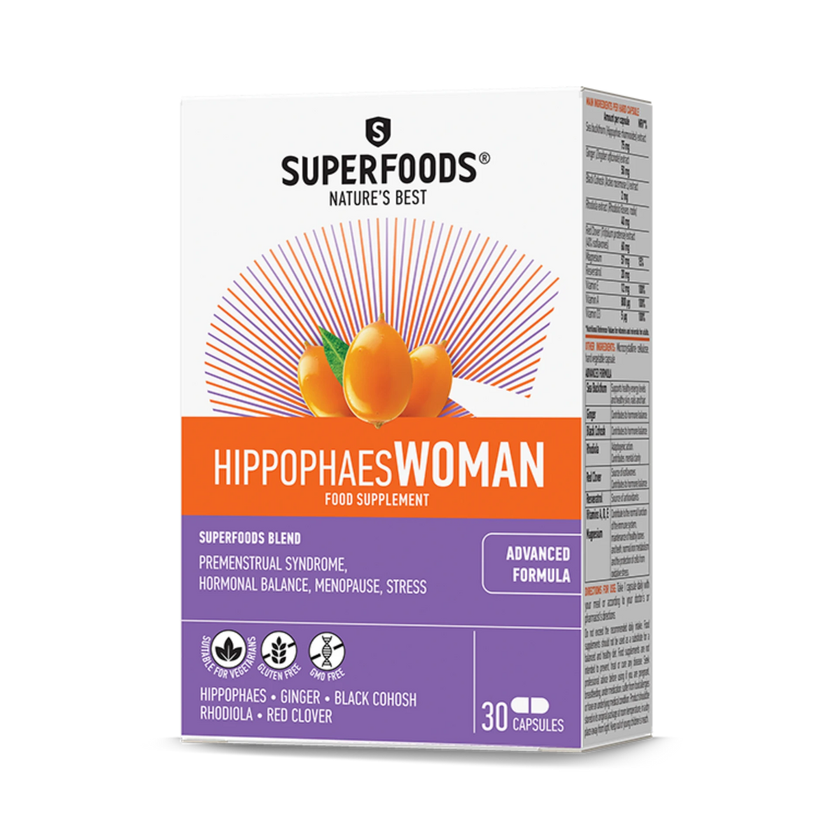Superfoods Hippophaes Woman with sea buckthorn, ginger, black cohosh, and vitamins for women's health