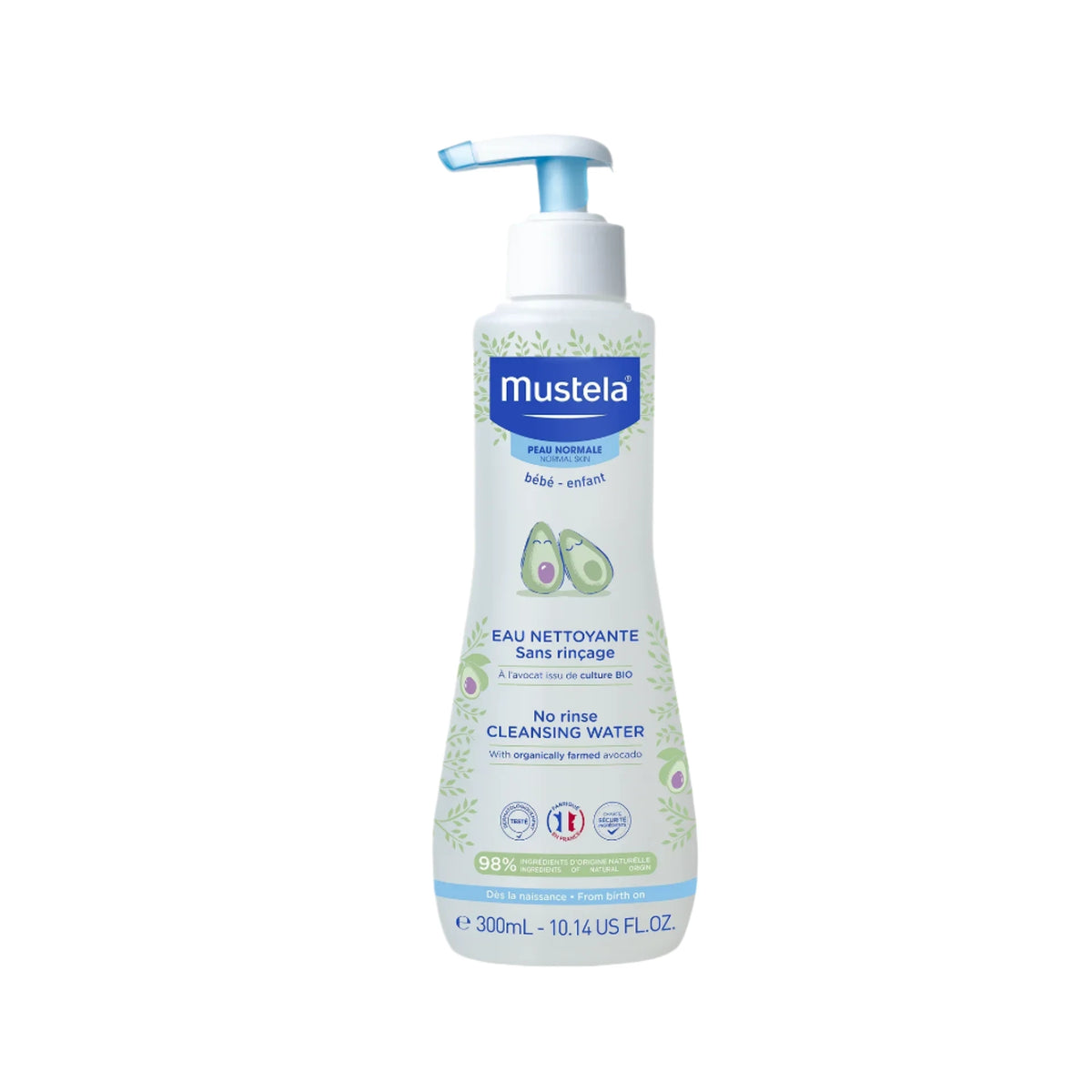 Mustela No-Rinse Cleansing Water with Organic Avocado for baby's gentle cleansing.