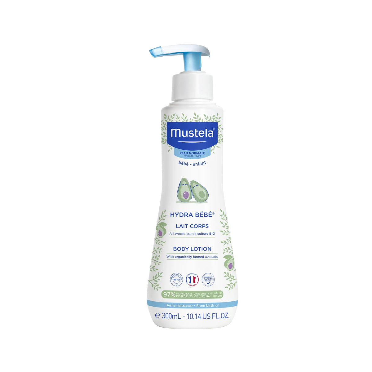 Mustela Hydra Bébé Body Lotion with Organic Avocado for hydrating baby's delicate skin.