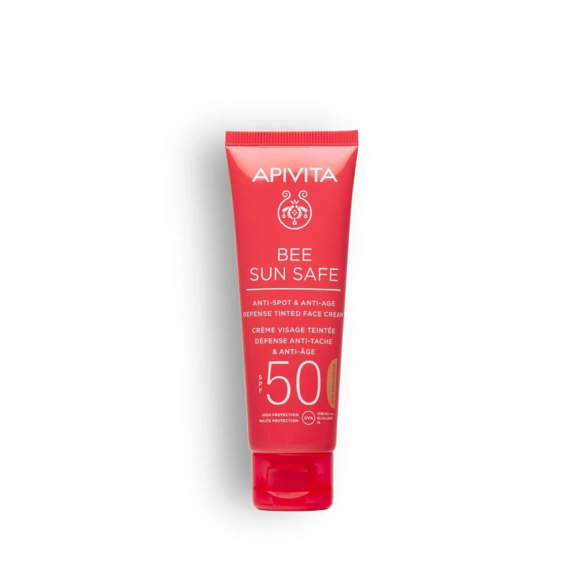 Apivita  Bee Sun Safe Gold Tinted SPF50 in golden tint, providing sun protection and skin-evening benefits.