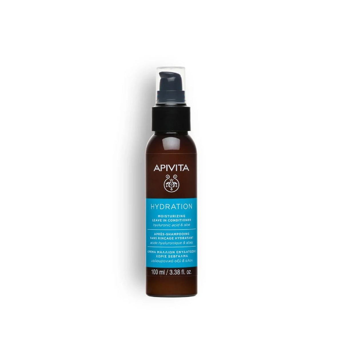 Apivita Moisturizing Leave-In Conditioner bottle for nourishing and protecting hair.