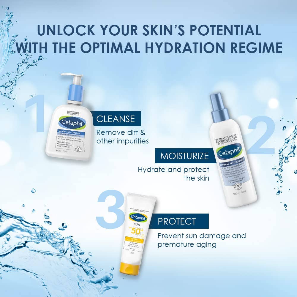 Cetaphil Optimal Hydration Body Spray Moisturizer, 207ml | Lightweight moisturizer & non-greasy | Hyaluronic Acid, Sunflower Oil, Blue Daisy extract