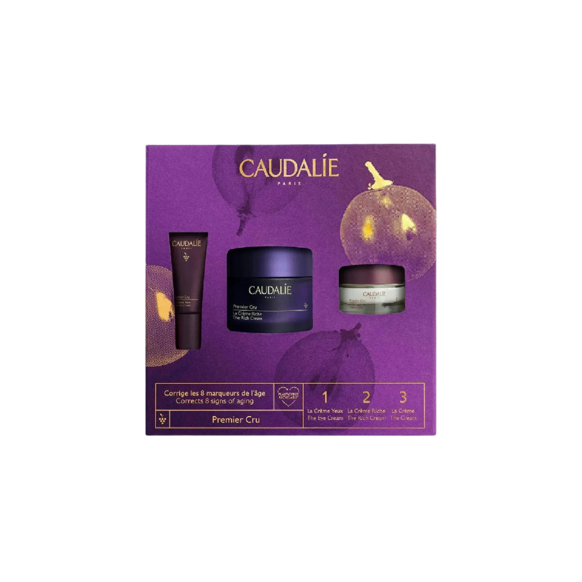 Caudalie Premier Cru The Rich Cream Set with rich cream jar, eye cream, and travel-size moisturizer.