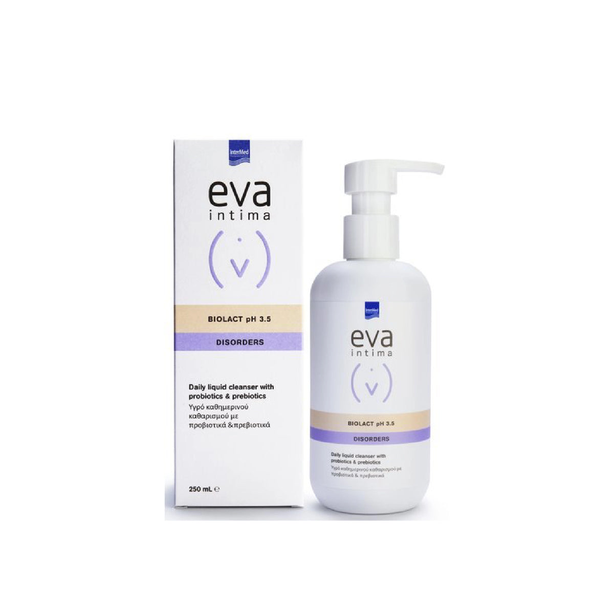 EVA Intima Biolact Liquid Cleanser pH 3.5 in a practical pump bottle.