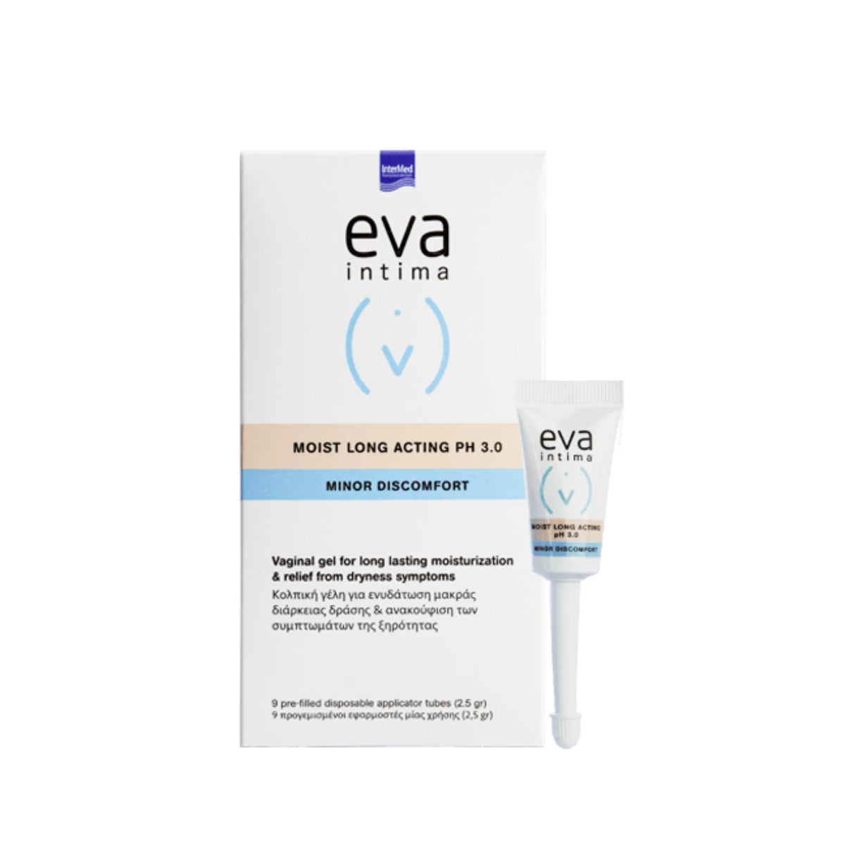 EVA Intima Moist Long Acting Gel for long-lasting vaginal hydration with hyaluronic acid and soothing extracts.