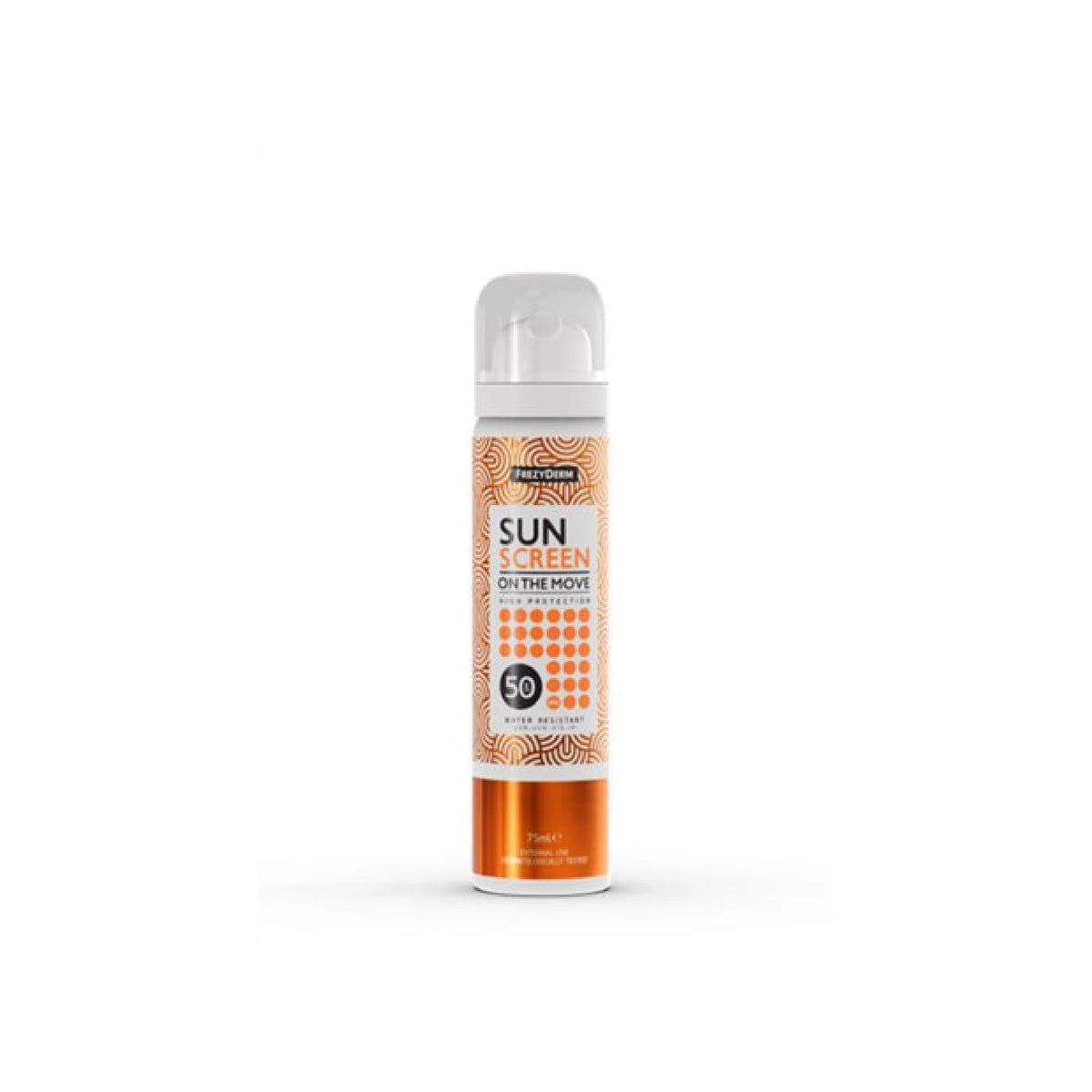 Frezyderm Sun Screen On The Move SPF 50 spray for quick application, suitable for sensitive skin, providing hydration and a matte finish.