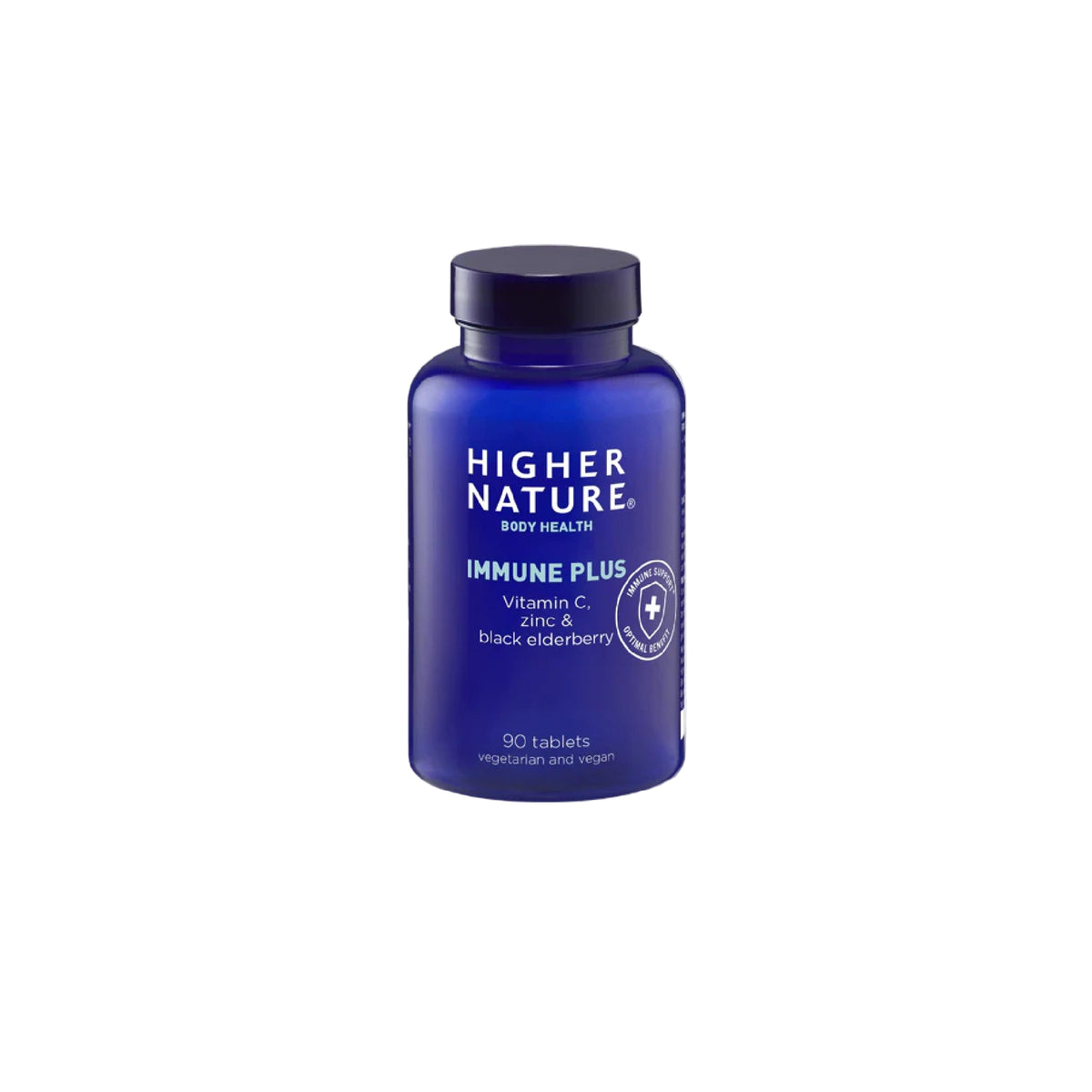 Higher Nature Immune Plus tablets with vitamin C, zinc, and antioxidant-rich berries for daily immune support and fatigue reduction.