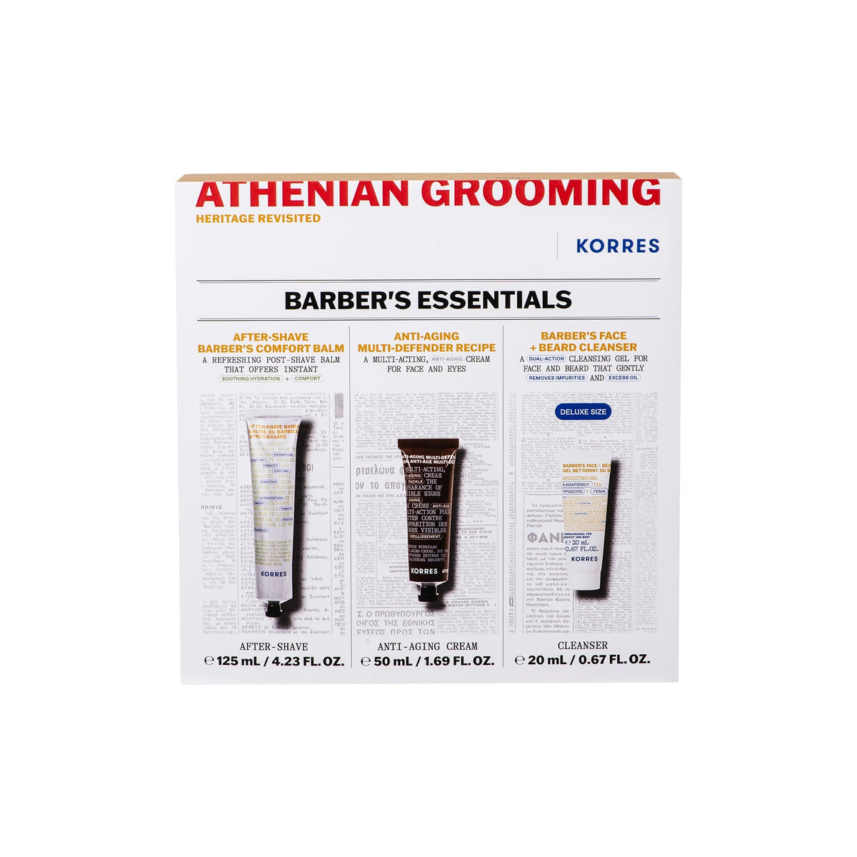 Korres Athenian Grooming Barber's Essentials Set containing aftershave balm, anti-aging face and eyes cream, and face and beard cleanser.