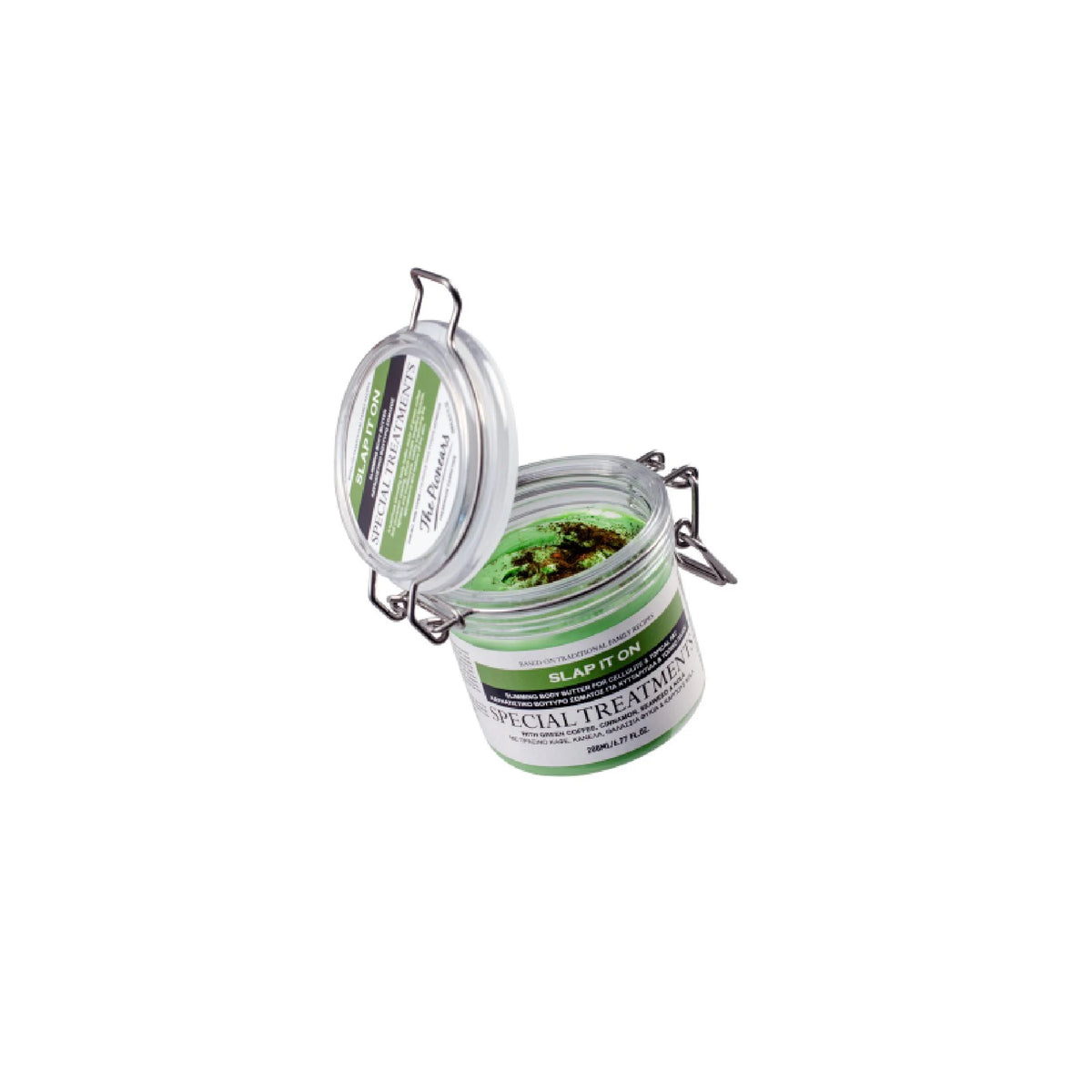 The Pionears Slap It On Slimming Body Butter for cellulite reduction and localized fat burning with green coffee, cinnamon, and seaweed.